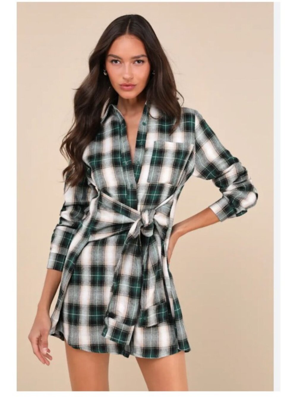 Lulus Flannel Tie Front Mini Dress Womens XS Green Plaid NWT